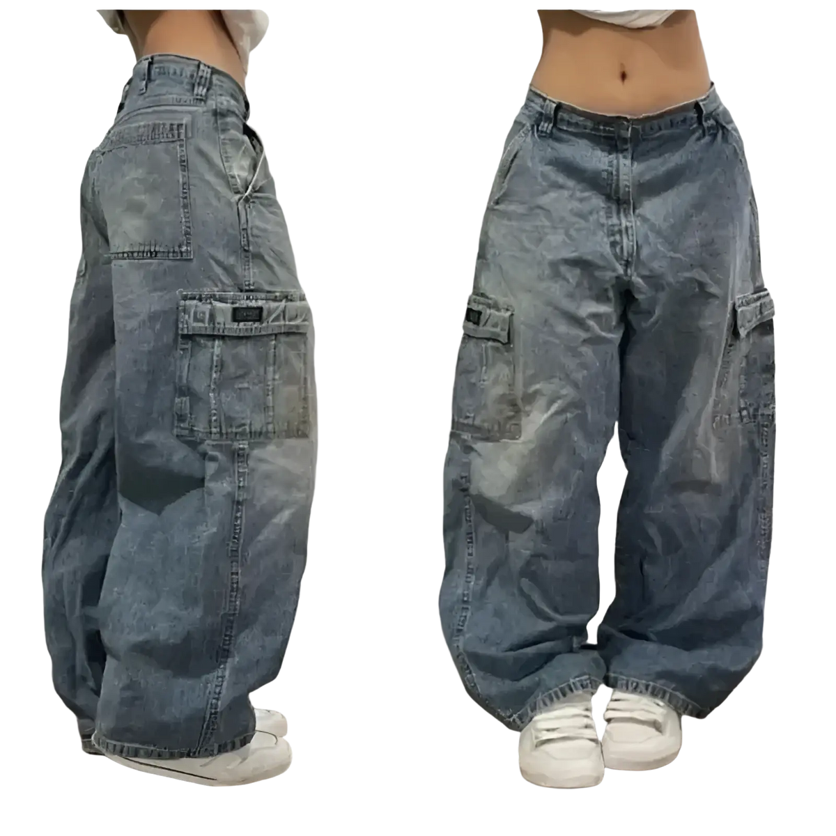Light-wash denim y2k gothic graphic wide leg jeans for men with multiple cargo pockets and wide legs