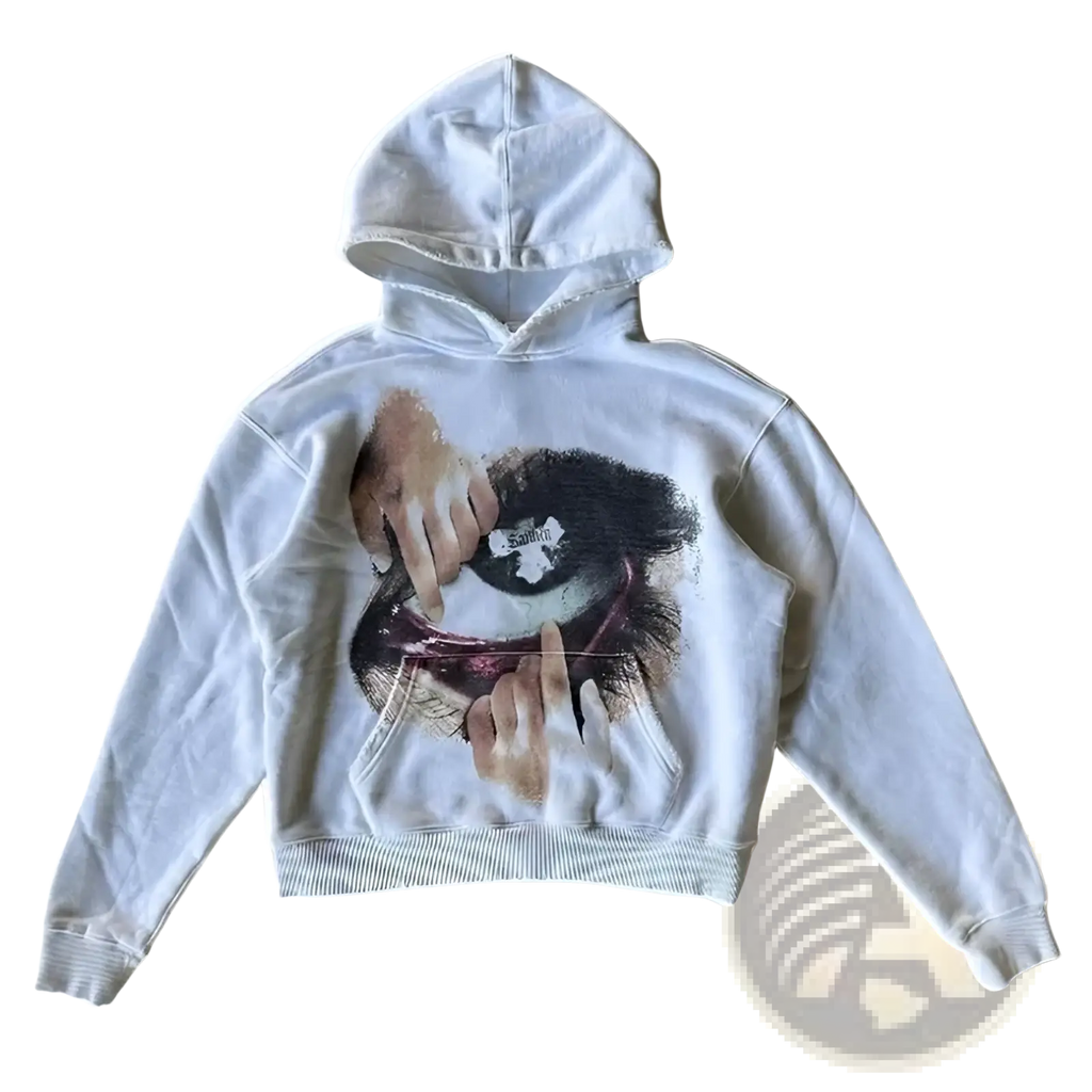 White oversized hoodie with y2k graphic print of hands interacting with an eye in dark tones on light fabric