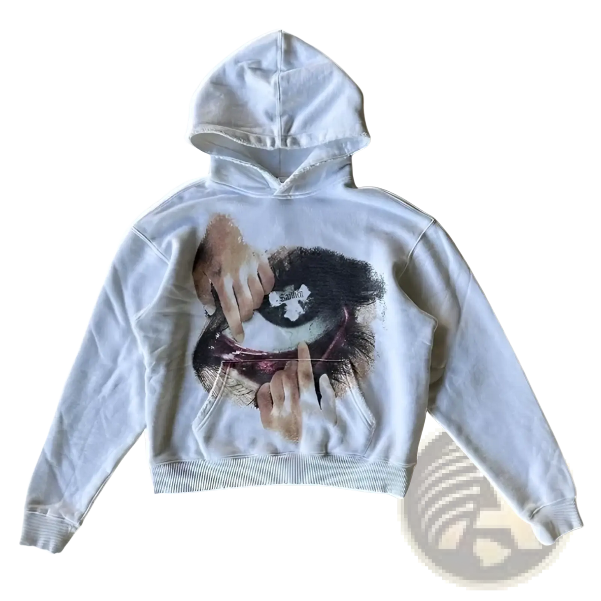 White oversized hoodie with y2k graphic print of hands interacting with an eye in dark tones on light fabric
