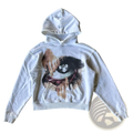 White oversized hoodie with y2k graphic print of an eye covered by hands and santana text near center