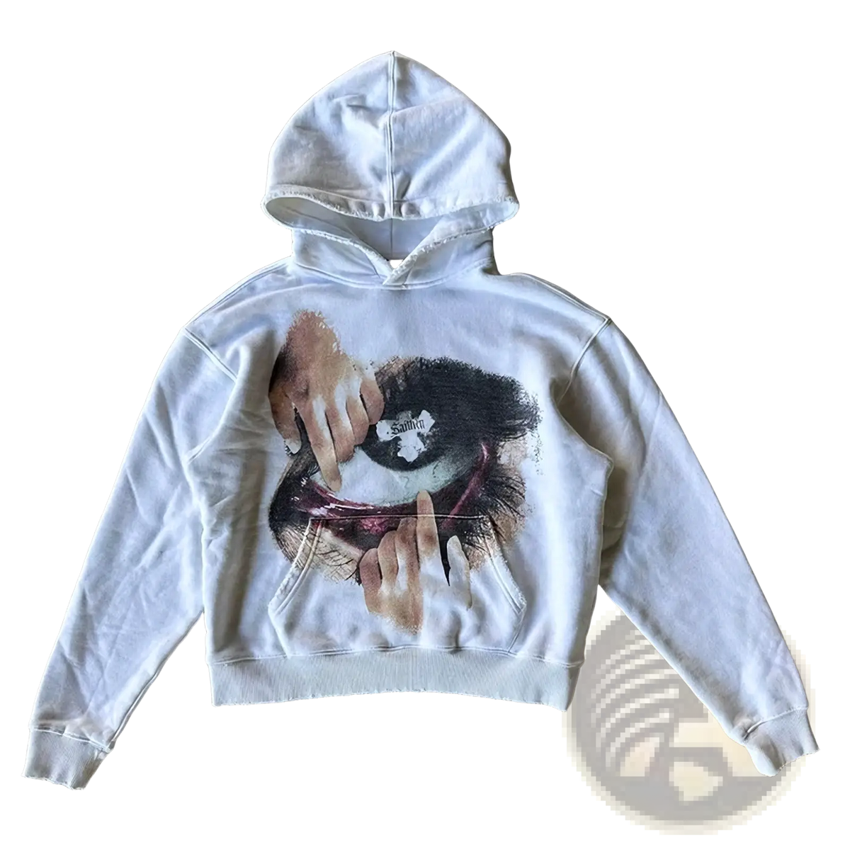 White oversized hoodie with y2k graphic print of an eye covered by hands and santana text near center