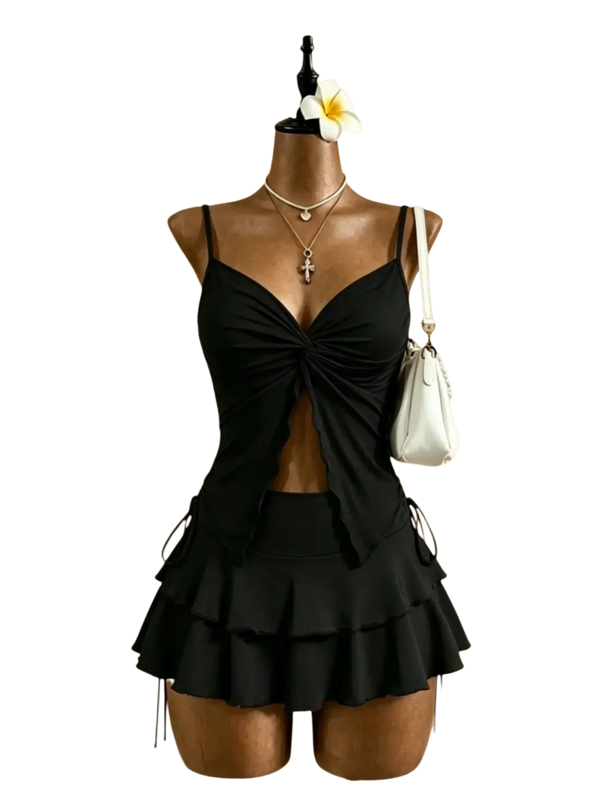 Black ruffled y2k high waist tie two piece swimsuit with front knot detail and side ties
