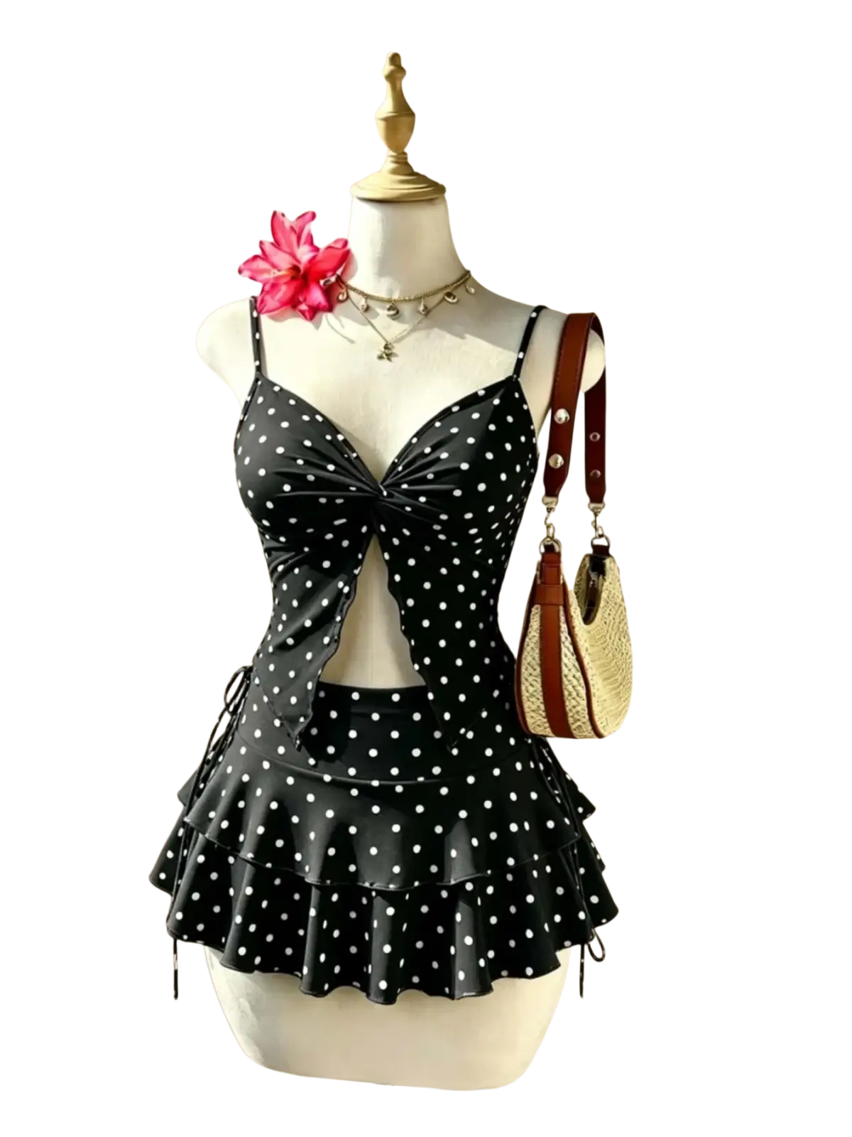 Black and white polka dot y2k high waist tie two piece swimsuit with ruffled skirt and front tie detail