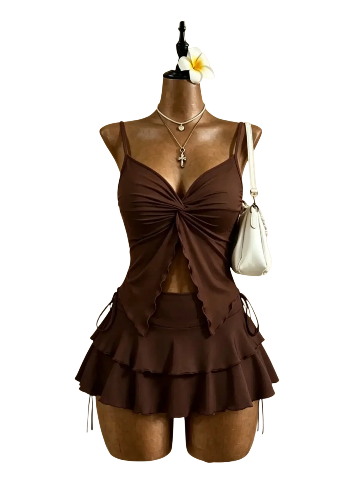 Brown ruched swim top with tiered skirt and high waist tie side ties on mannequin y2k high waist two piece outfit