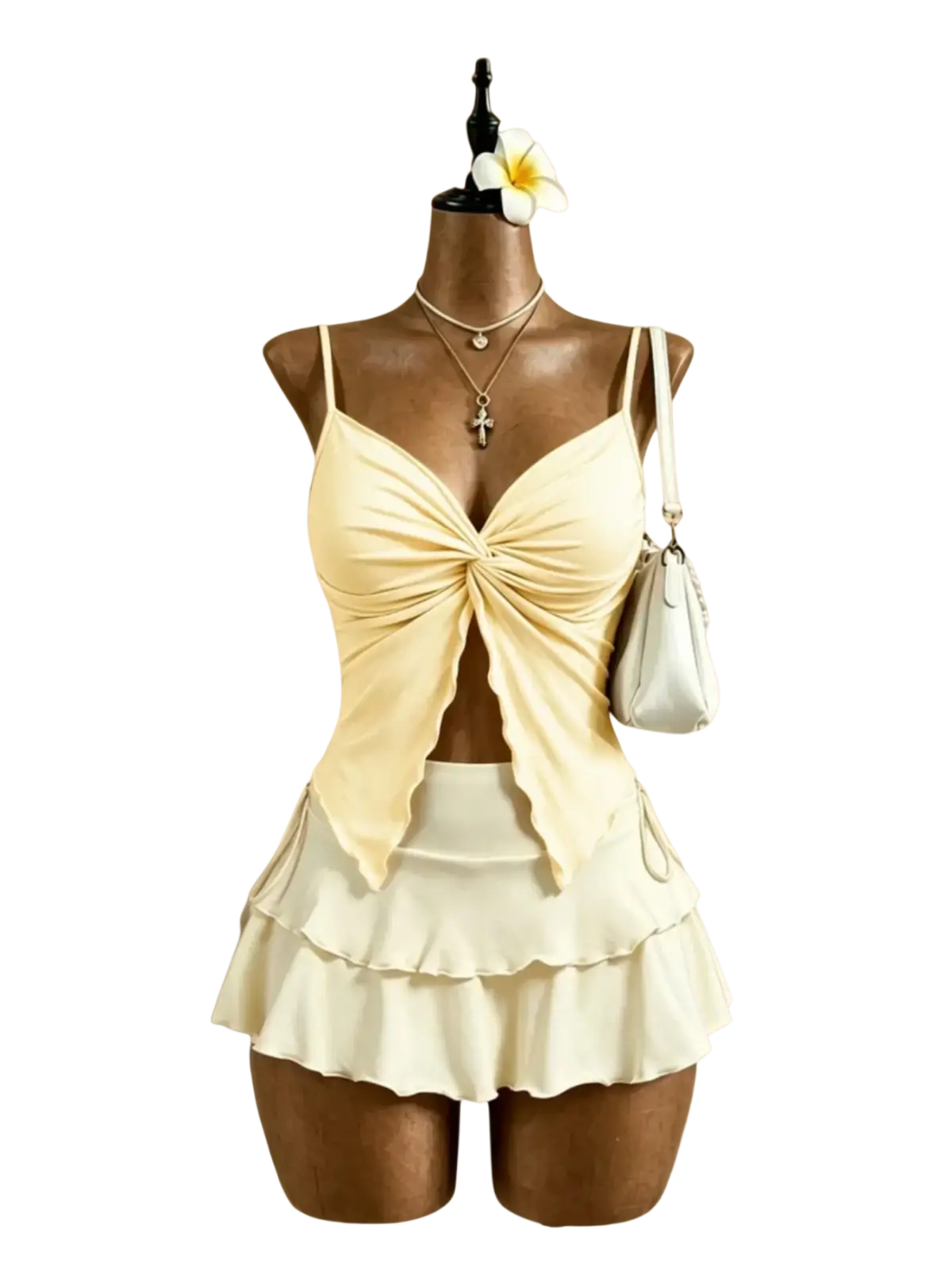 Cream-colored ruched tankini top with layered tiered skirt in y2k high waist tie two piece outfit