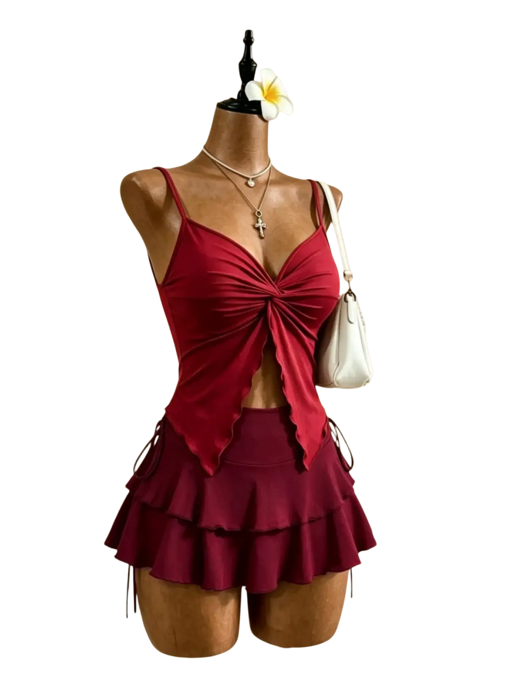 A deep red y2k high waist tie two piece outfit with ruched tied front tank top and matching tiered shorts on mannequin