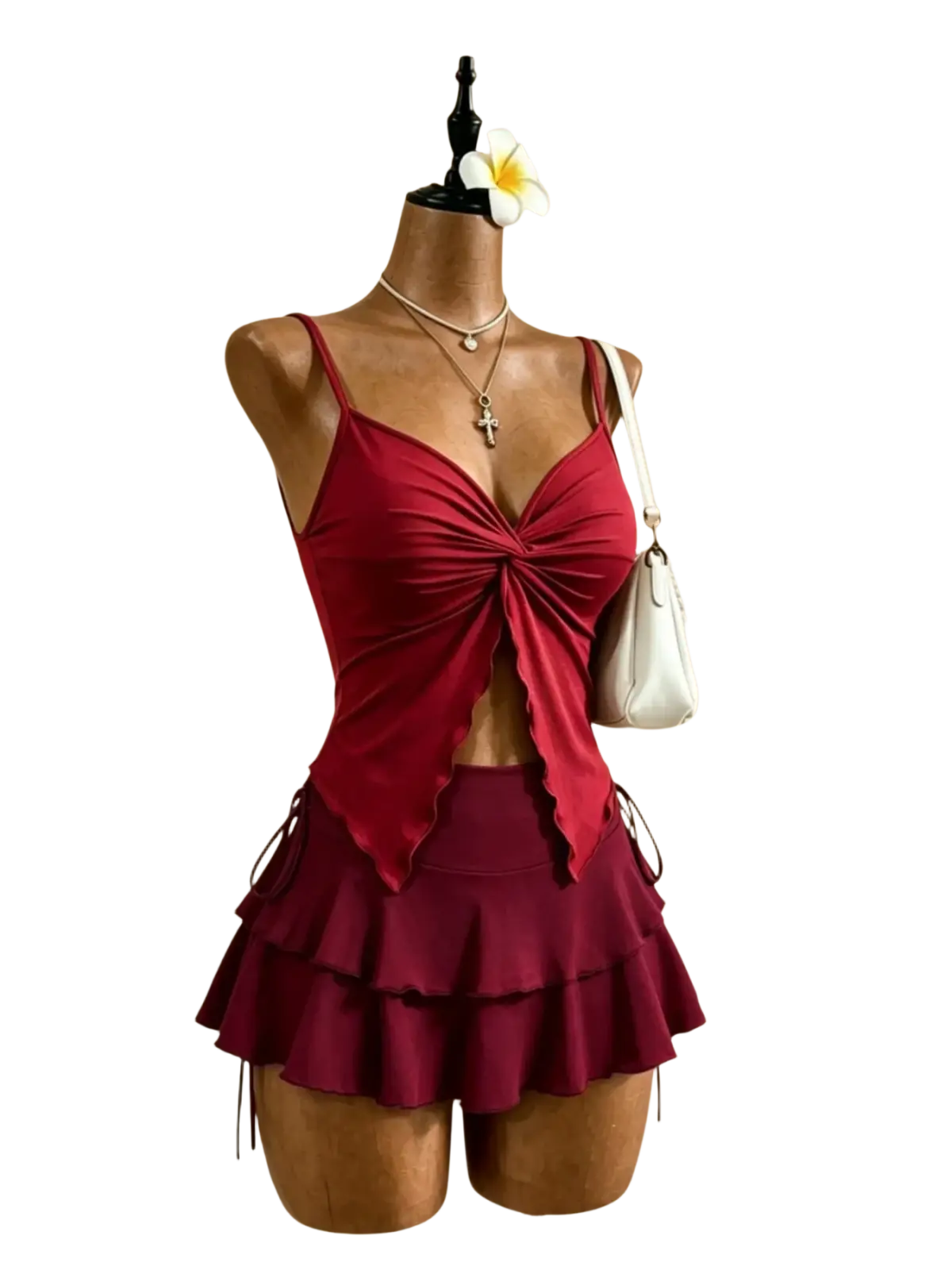 A deep red y2k high waist tie two piece outfit with ruched tied front tank top and matching tiered shorts on mannequin