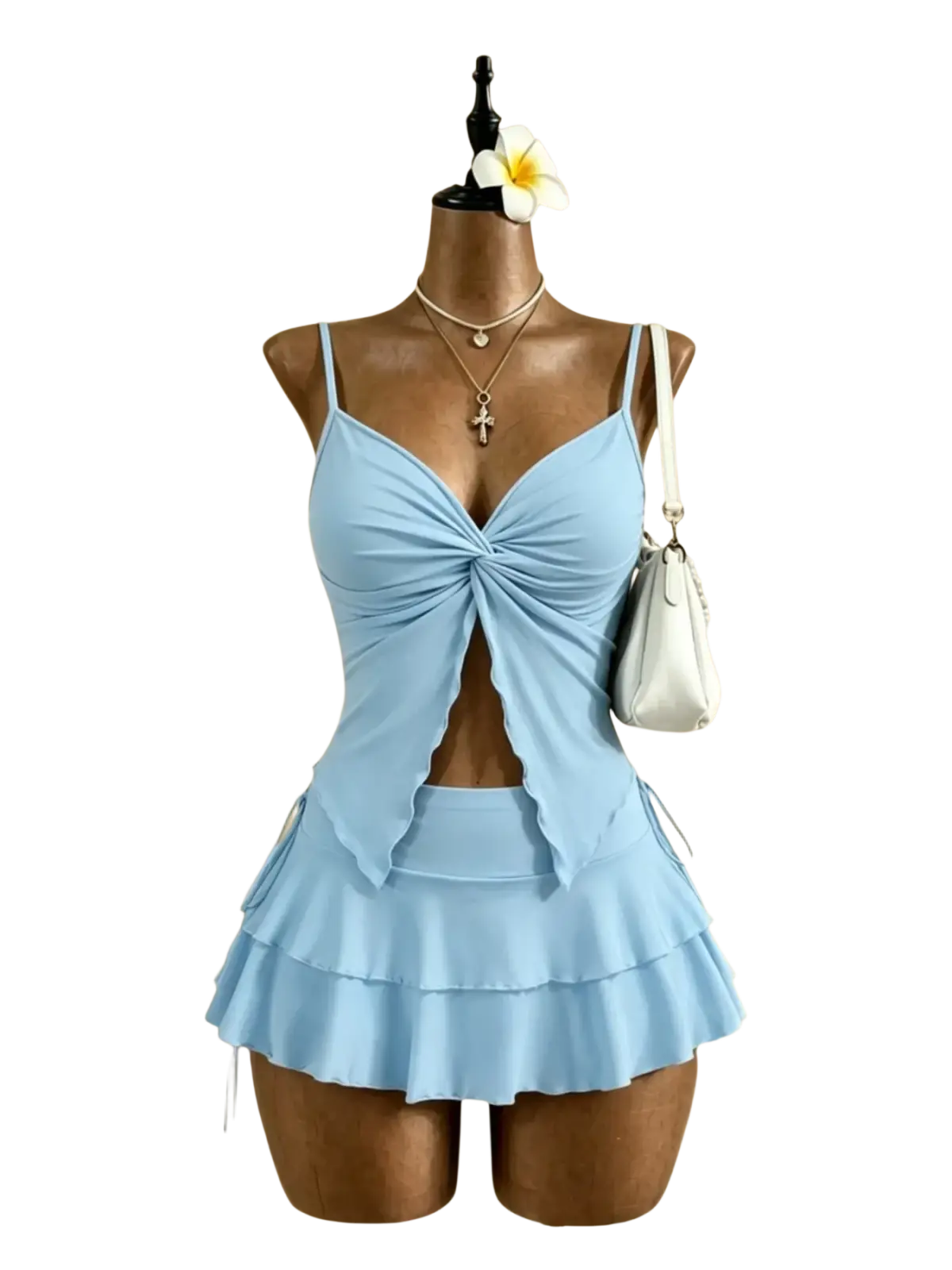 Light blue ruffled swim suit with front knot detail in y2k high waist tie two piece outfit for stylish beachwear
