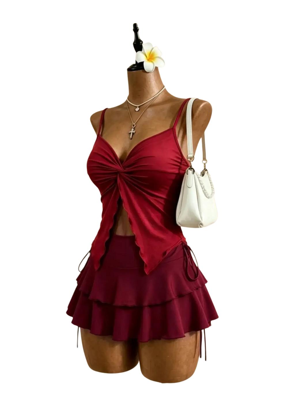 A maroon y2k high waist tie two piece outfit with a ruched knotted top and tiered skirt high waist design