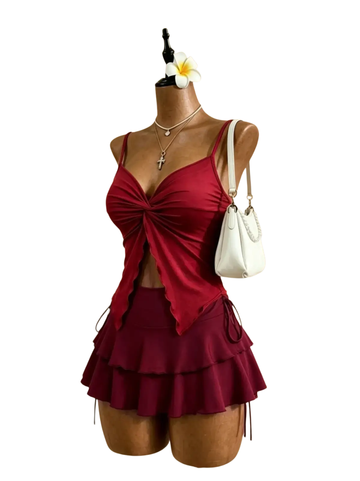 A maroon y2k high waist tie two piece outfit with a ruched knotted top and tiered skirt high waist design