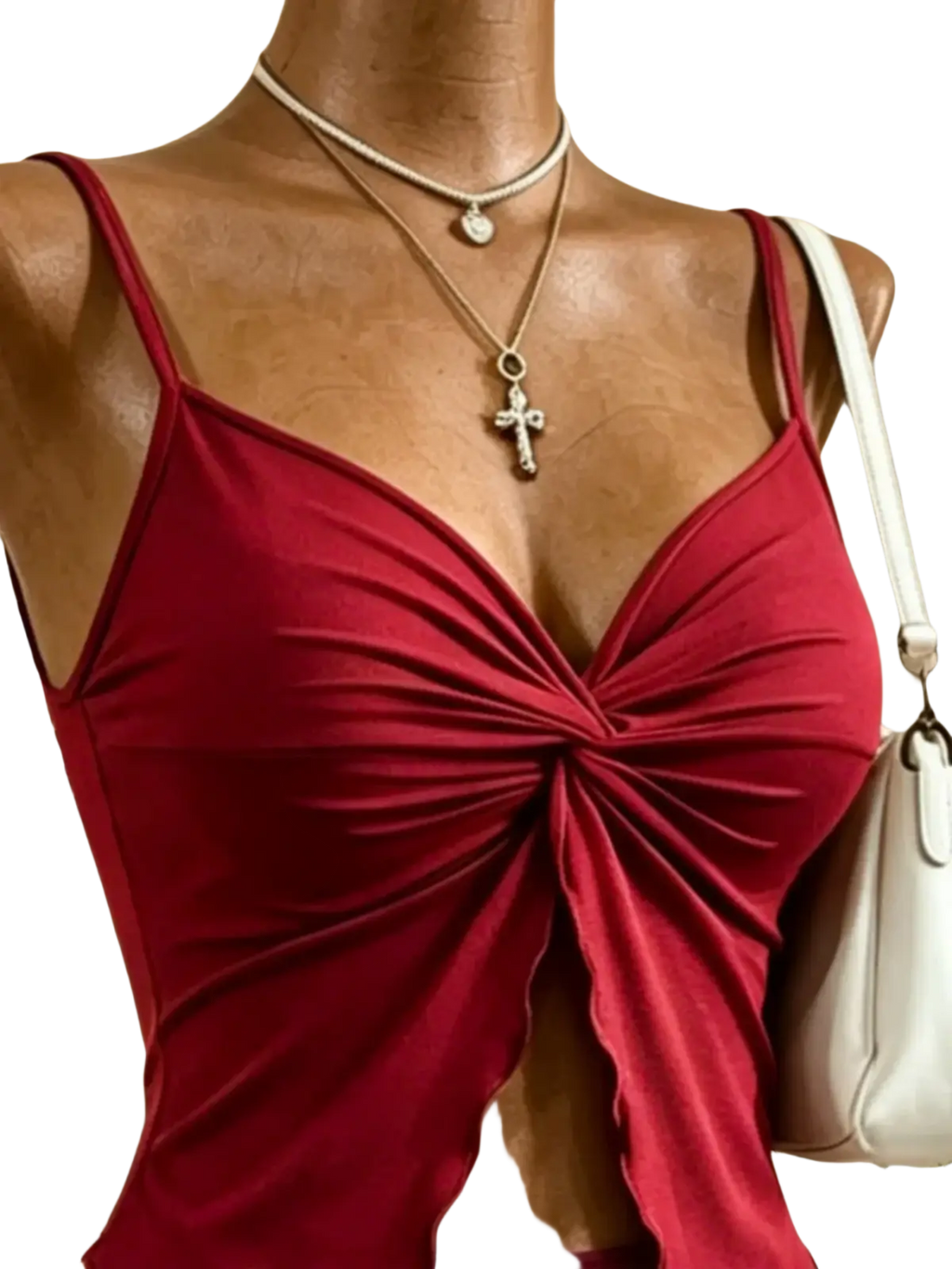 Red satin camisole with front knot detail in y2k high waist tie two piece outfit in red satin material
