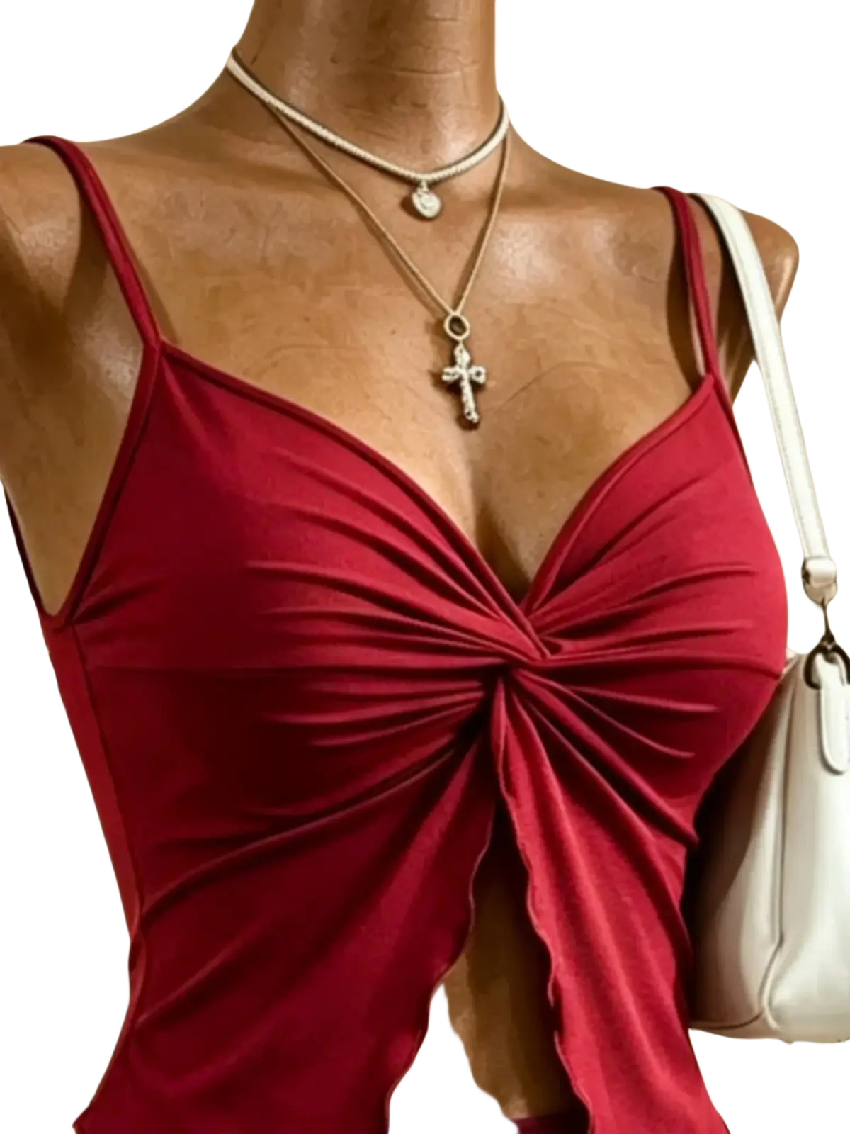 Red satin camisole with front knot detail in y2k high waist tie two piece outfit in red satin material