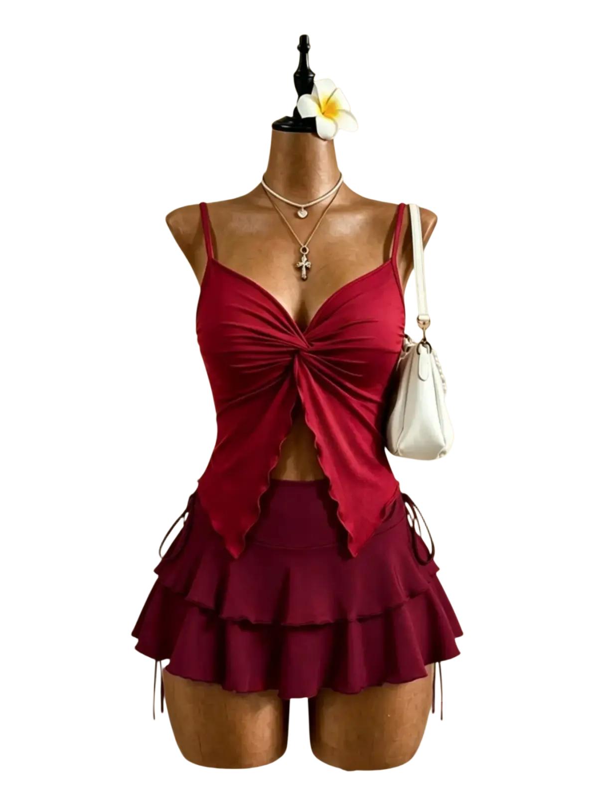 A vibrant red y2k high waist tie two piece swimsuit with a ruched knotted top and layered tiered skirt with side ties