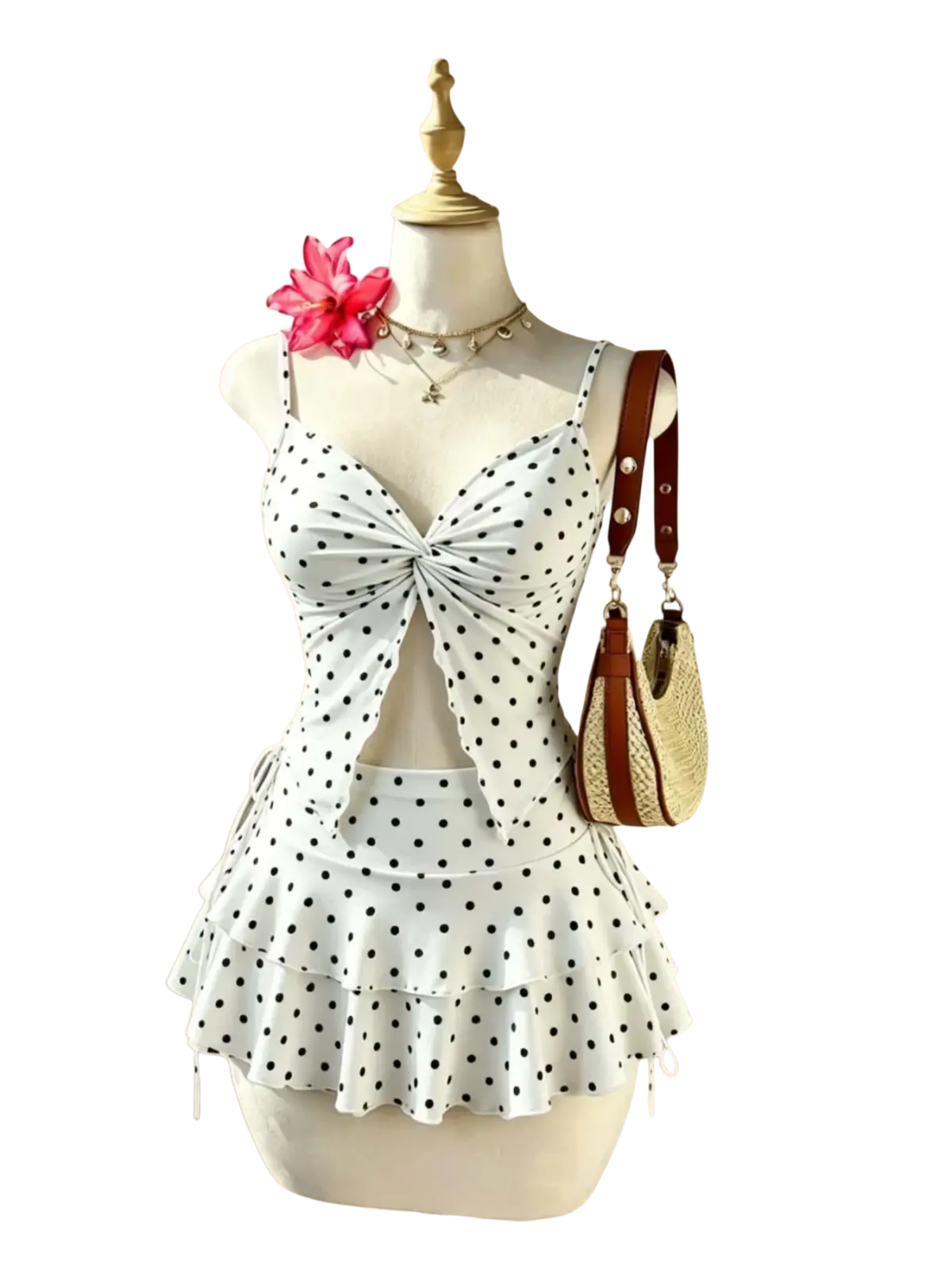 White polka-dot y2k high waist tie two piece swimsuit with ruffled skirt and front knot detail