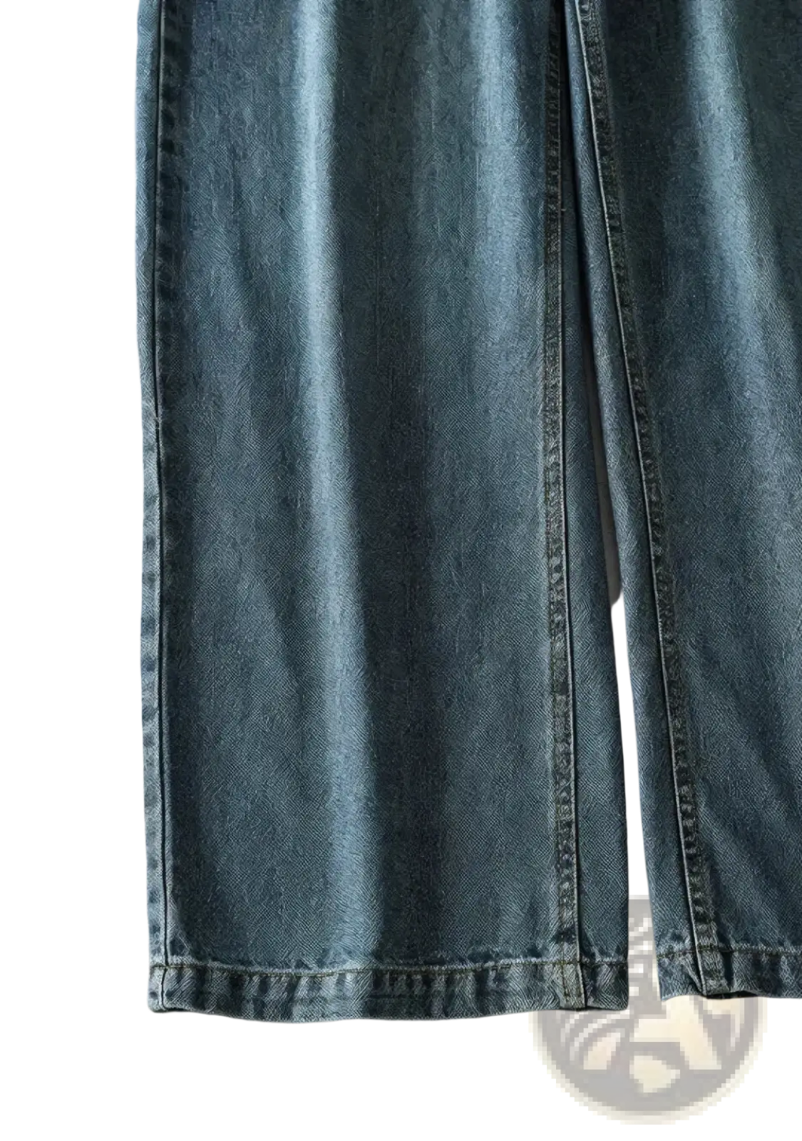 Blue denim y2k high waist wide leg jeans with straight-leg cut and visible stitching along the seams