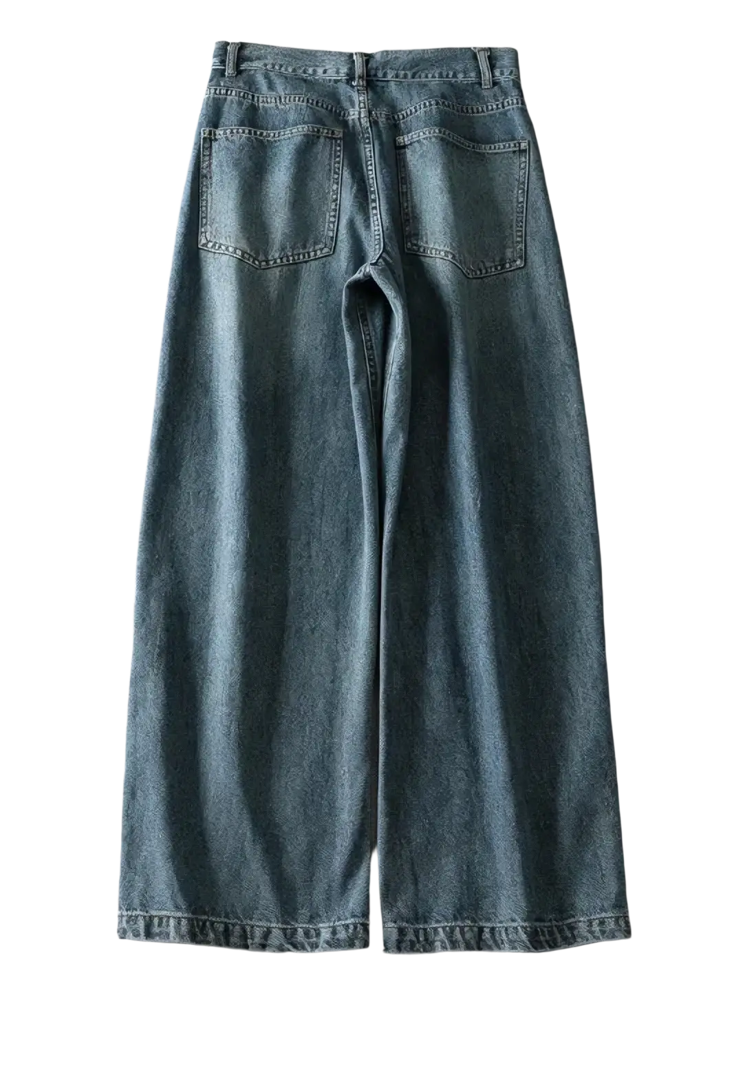 Y2k high waist wide leg denim jeans in light wash with relaxed fit and classic back pockets shown from the back side