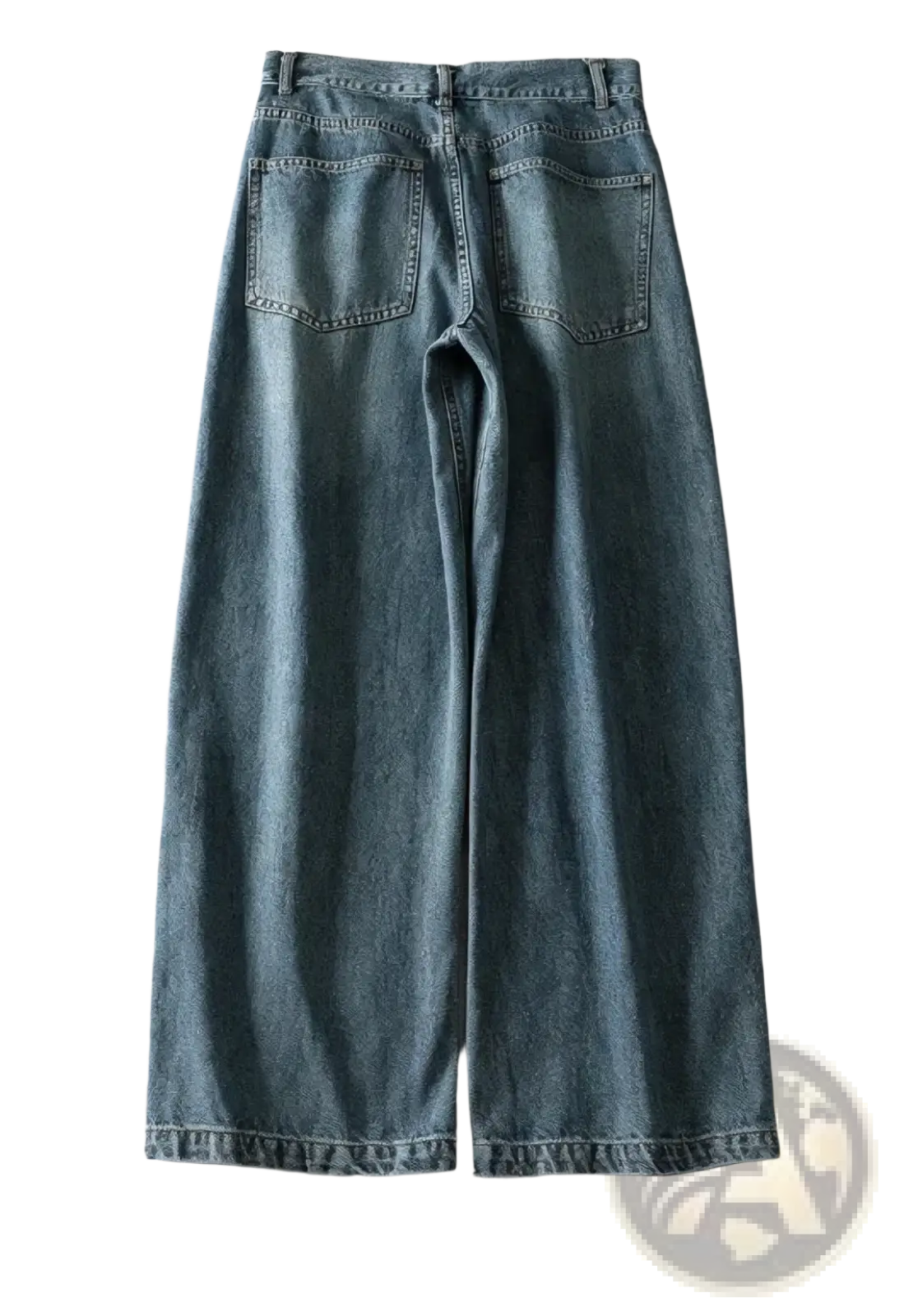 Y2k high waist wide leg denim jeans in light wash with relaxed fit and classic back pockets shown from the back side