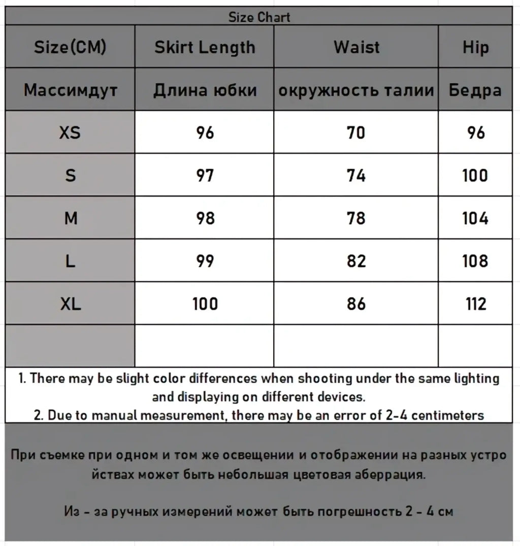Size chart for y2k high waist wide leg denim jeans showing skirt measurements in centimeters from xs to xl