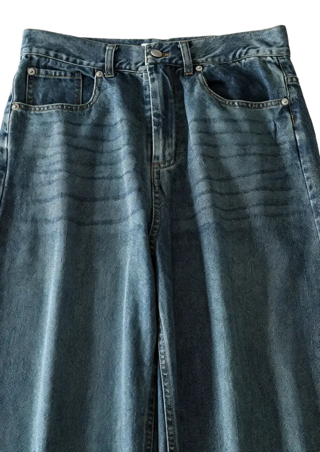 Y2k high waist wide leg denim jeans in faded blue wash with subtle whiskering and high-waisted design