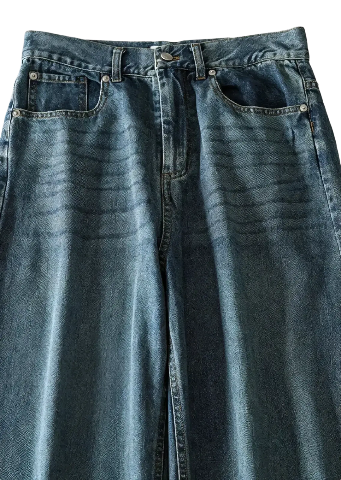 Y2k high waist wide leg denim jeans in faded blue wash with subtle whiskering and high-waisted design