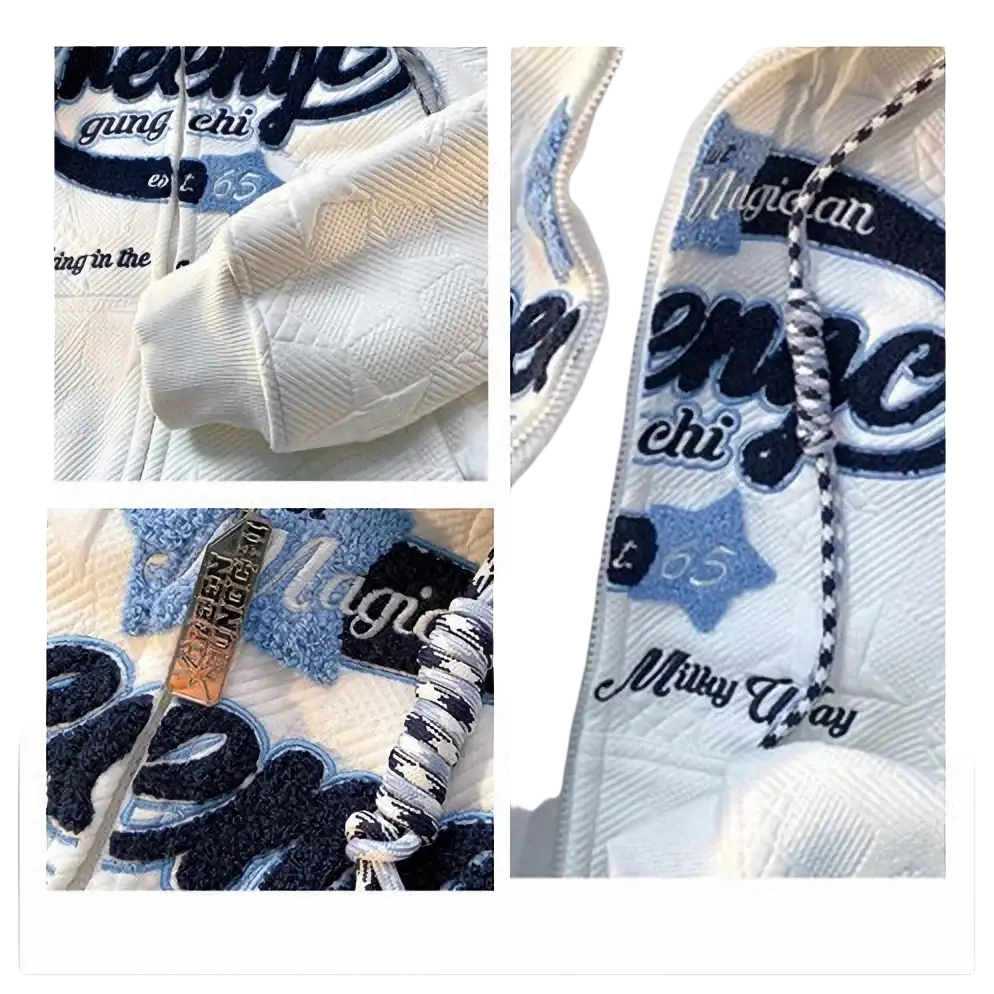 White quilted y2k hoodies kakazzy star knit zip jacket with navy light blue embroidery and braided drawstring hood