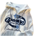 White quilted y2k hoodies kakazzy star knit zip jacket with fluffy fur-lined hood and blue embroidered lettering