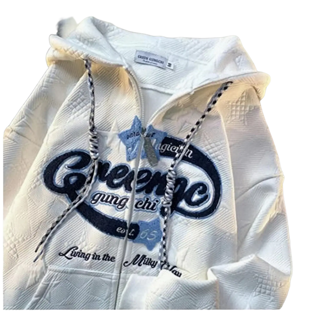 White quilted y2k hoodies kakazzy star knit zip jacket with fluffy fur-lined hood and blue embroidered lettering