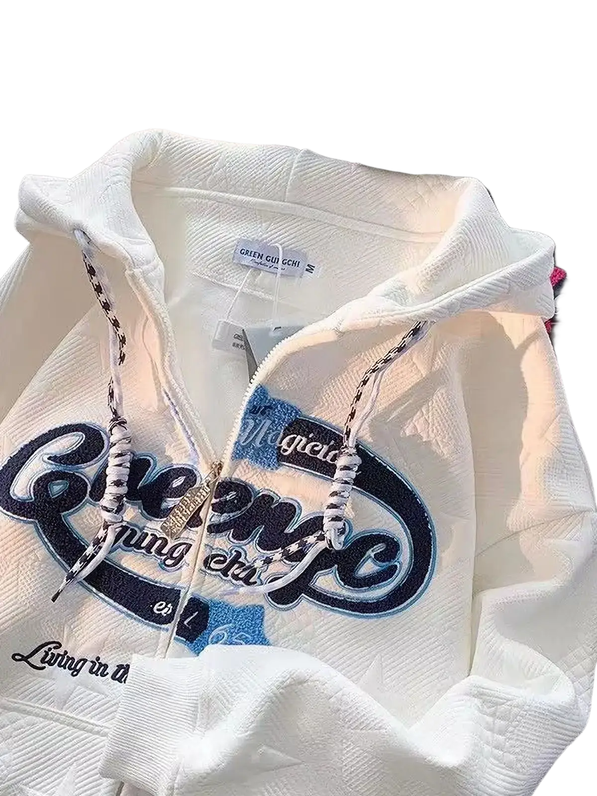 White textured y2k hoodies kakazzy star knit zip jacket unisex with embroidered navy and light blue green gungchi logo
