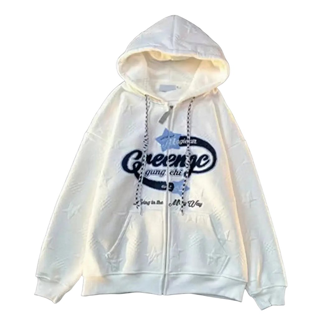 White y2k hoodies kakazzy star knit zip jacket unisex with star-patterned texture and navy blue graphic design
