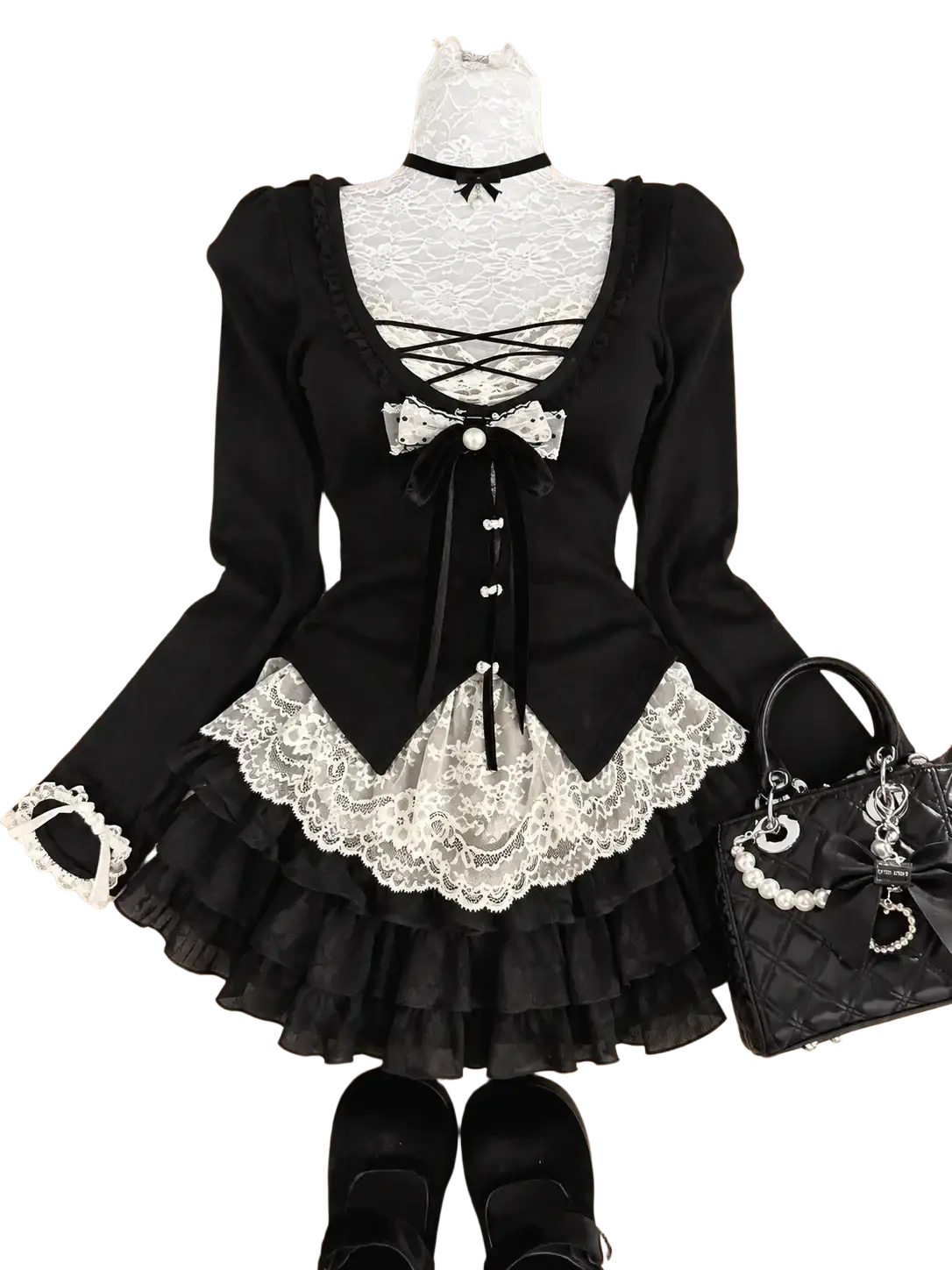 Black lace-up corset-style dress with white lace trim and ruffles for height 160-165cm size in mini skirt set