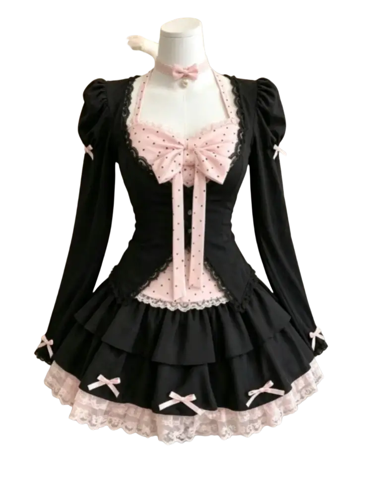 Black and pink lolita dress with lace trim polka dots ruffles and bows in height 160-165cm size for kawaii style