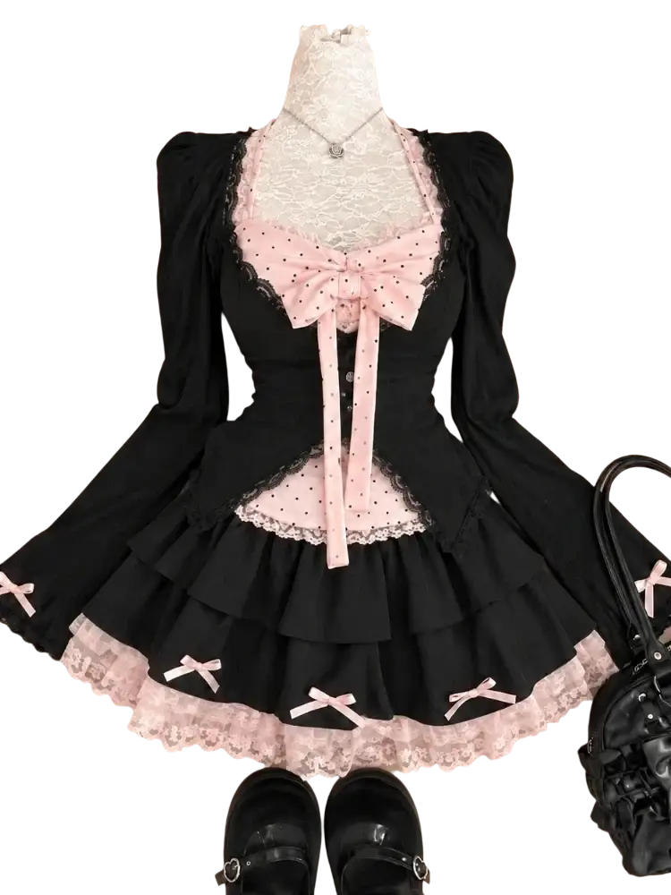 Black and pink polka-dot lolita dress with lace trim and bow in 160-165cm size for Y2k kawaii mini skirt set