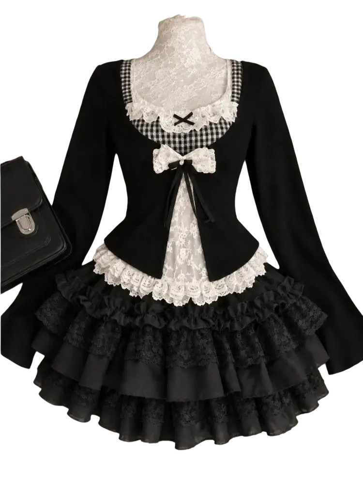 Black and white lace-trimmed lolita dress with checkered bodice and bow in height 160-165cm size for kawaii style