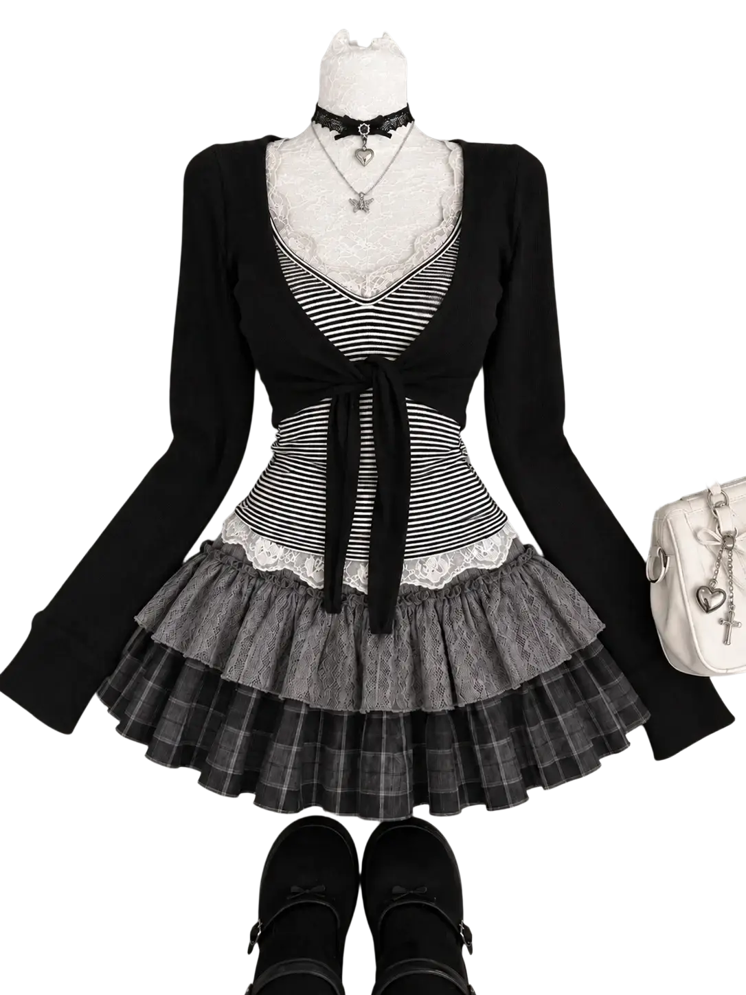 Y2k kawaii 2 piece outfit with black and white striped lace corset and grey plaid skirt for height 160-165cm size