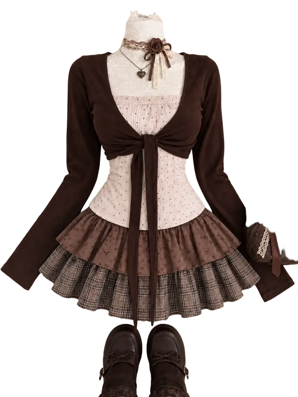 Brown long-sleeved cardigan with front bow and polka-dotted corset top in kawaii 2 piece outfit for height 160-165cm size