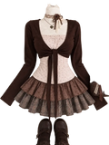 Brown long-sleeved cardigan with front bow and polka-dotted corset top in kawaii 2 piece outfit for height 160-165cm size