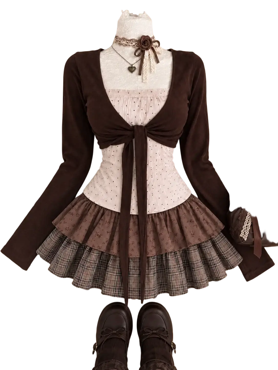 Brown long-sleeved cardigan with front bow and polka-dotted corset top in kawaii 2 piece outfit for height 160-165cm size