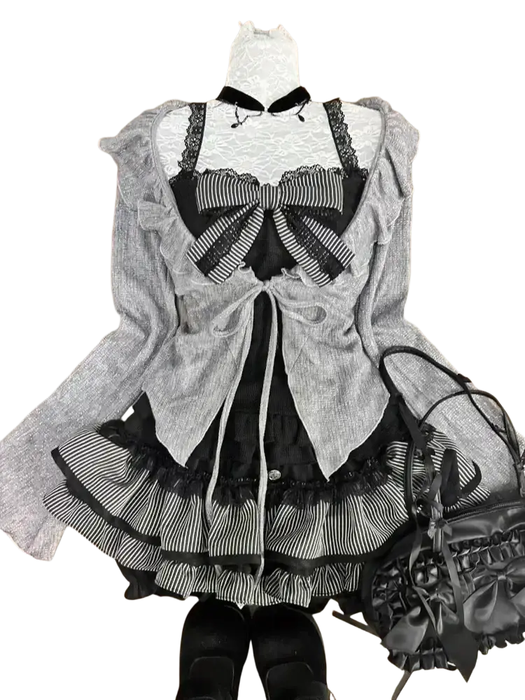 Back view of gray and black striped lolita dress with lace trim ruffled sleeves and large bow for height 160-165cm size