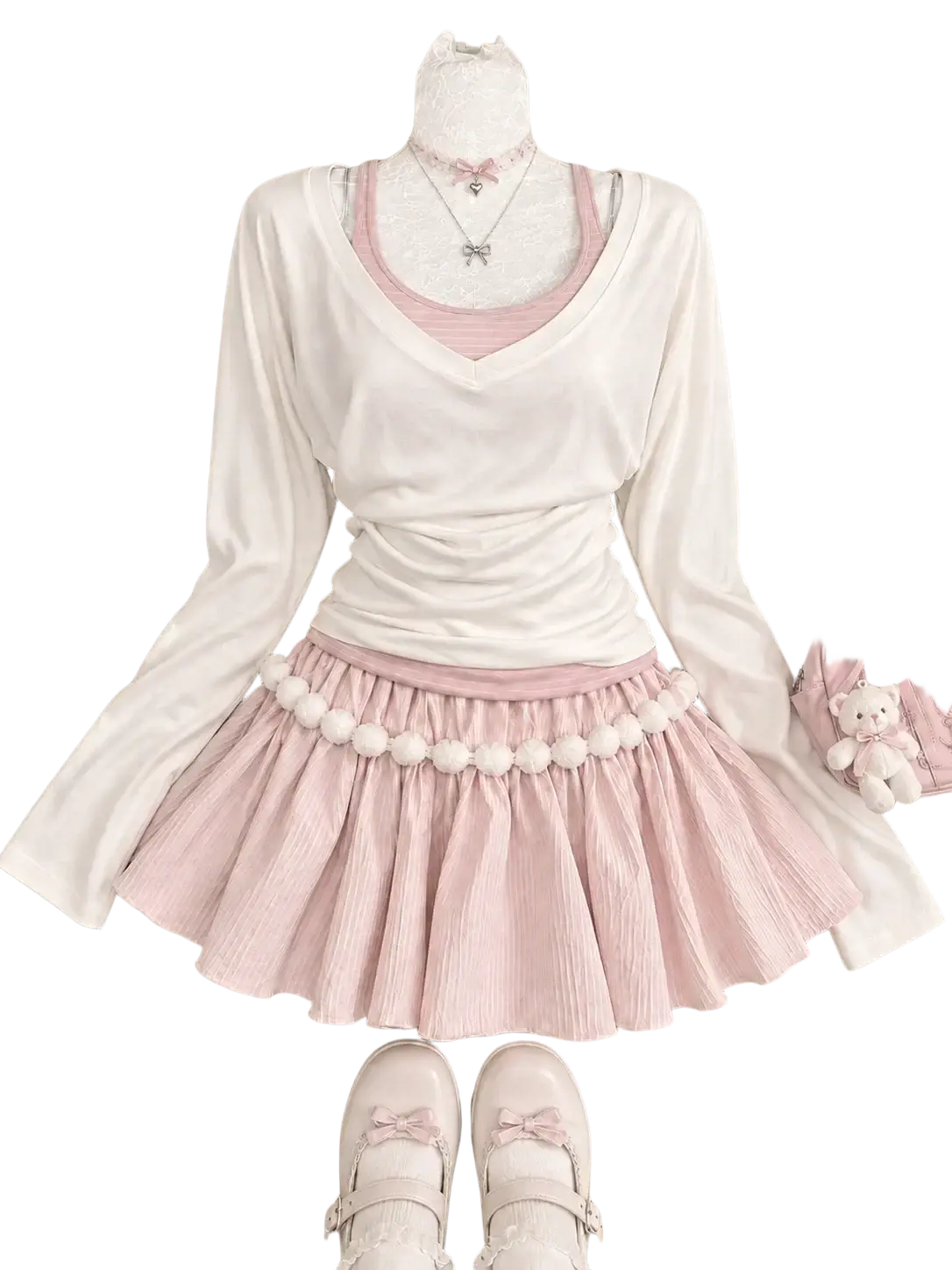 Pastel pink pleated mini skirt with fluffy pom-poms waistband in height 160-165cm size kawaii 2 piece outfit