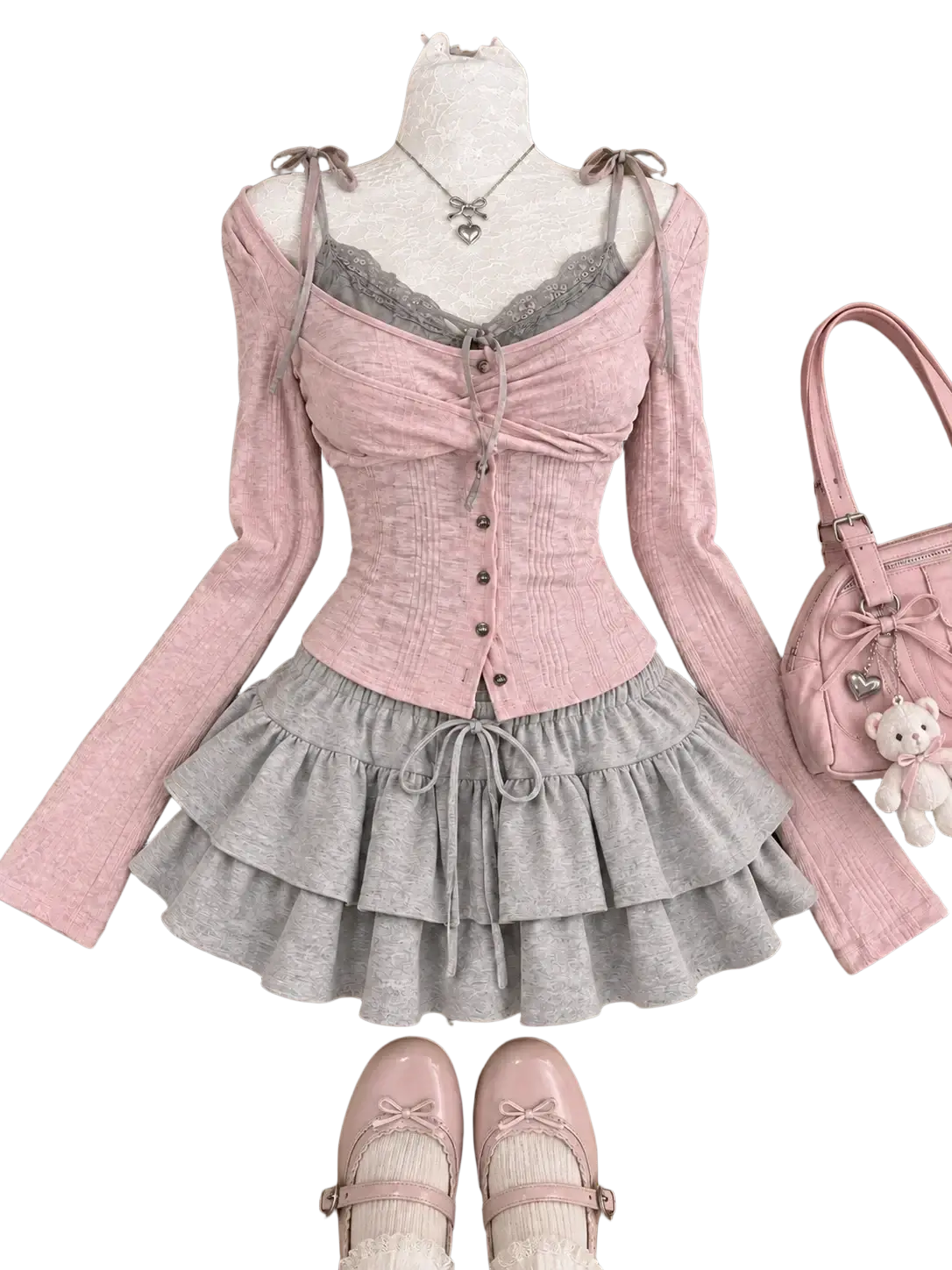 Pink long-sleeved corset top with lace trim and button front paired with gray ruffled mini skirt for height 160-165cm size