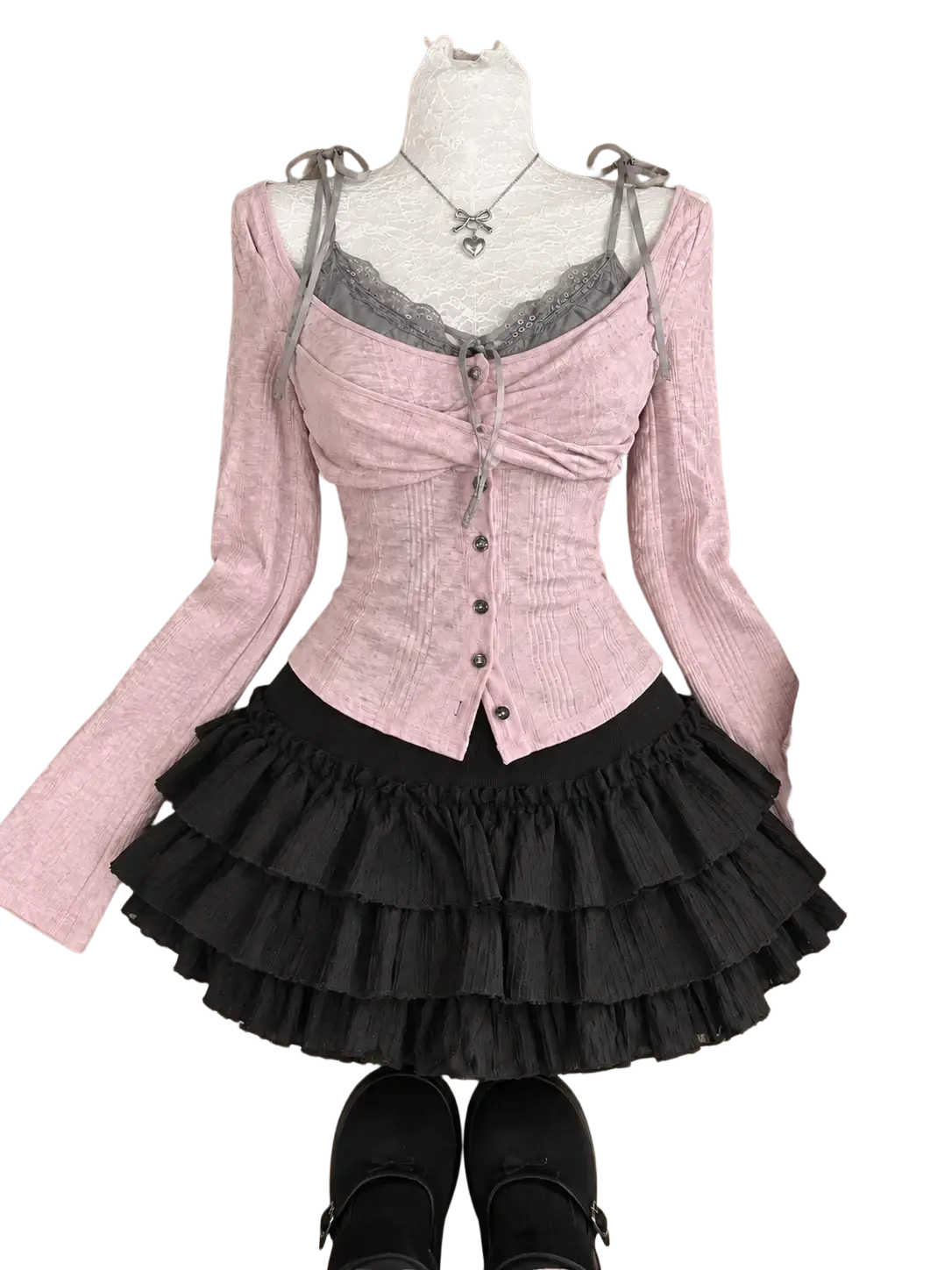 Pink long-sleeved corset top with gray lace trim and black ruffled mini skirt in height 160-165cm size y2k kawaii set