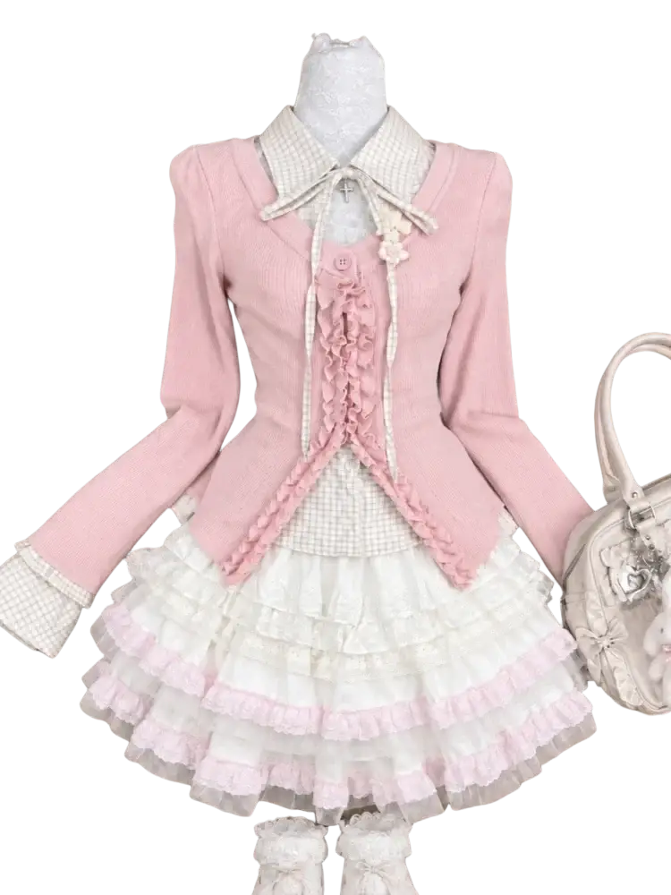 Pink and white layered ruffle skirt with delicate lace trim in height 160-165cm size y2k kawaii mini skirt set