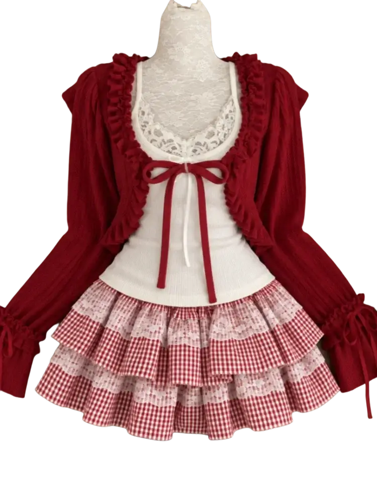 Red ruffled cardigan with lace trim and matching bow worn over white lace top in y2k kawaii 2 piece outfit for height 160-165cm size