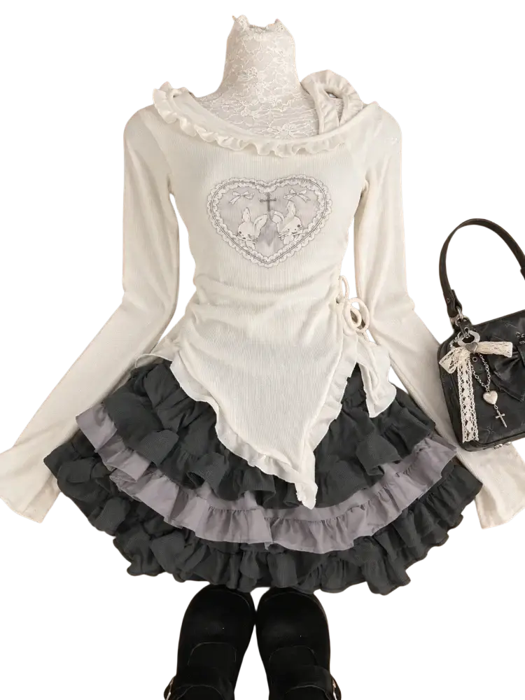 Y2k kawaii 2 piece outfit with white long sleeve lace collar top and gray layered ruffled mini skirt for height 160-165cm size