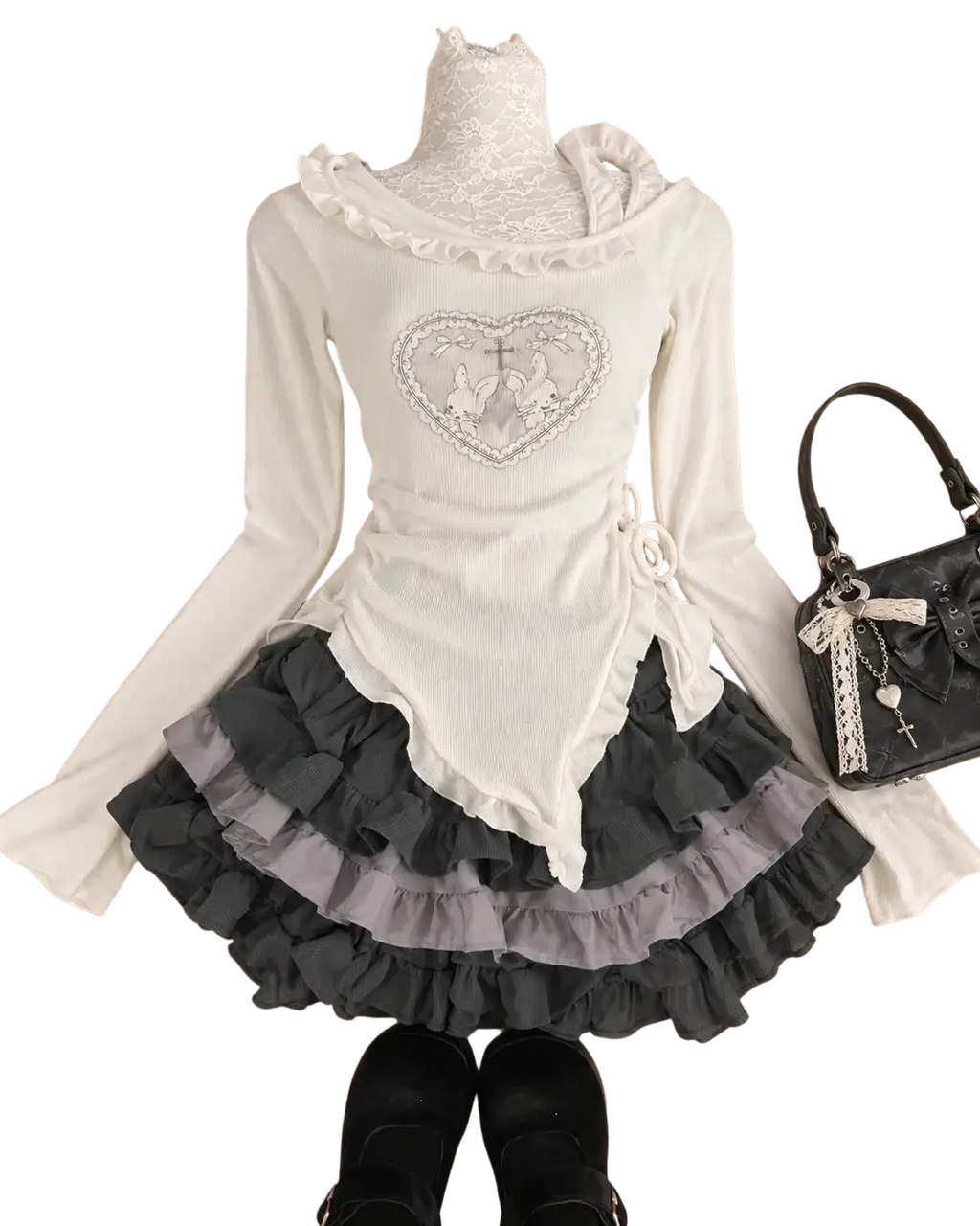 White long-sleeved top with heart embroidery and ruffled neckline paired with layered gray mini skirt for height 160-165cm size