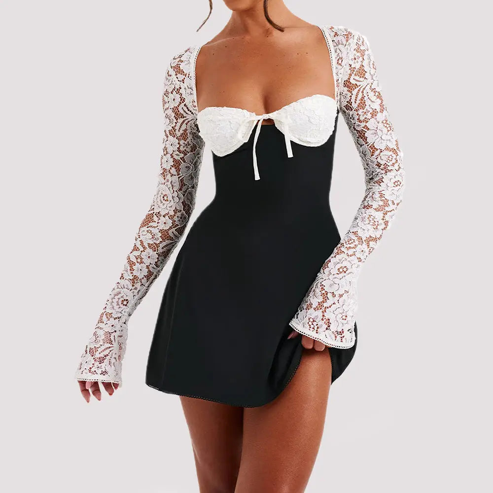 Black mini dress with white lace long sleeves and bow neckline featuring y2k lace backless corset design