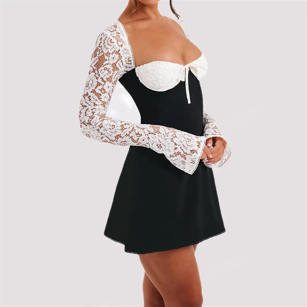 Black and white lace backless corset mini dress with sweetheart neckline long sheer sleeves and flared skirt front view