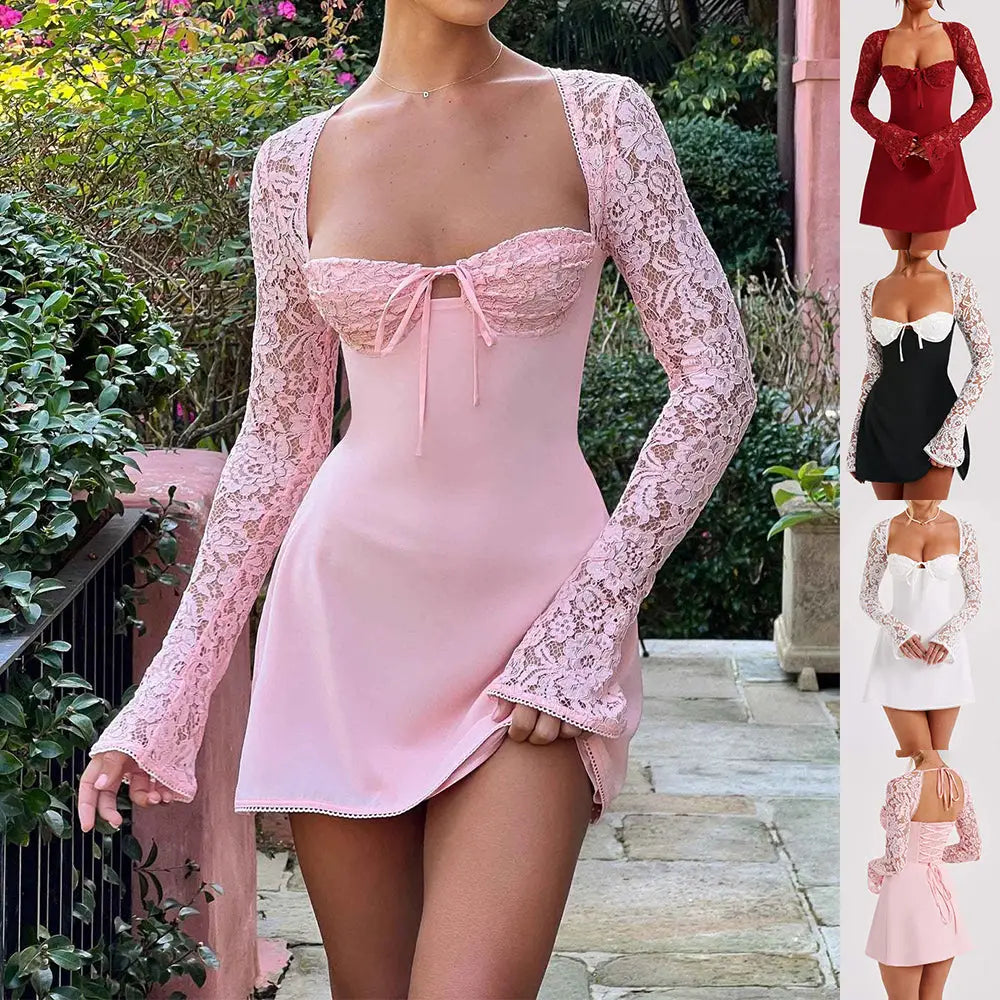 Pink lace-trimmed y2k corset mini dress with sweetheart neckline and long sheer sleeves in lace material