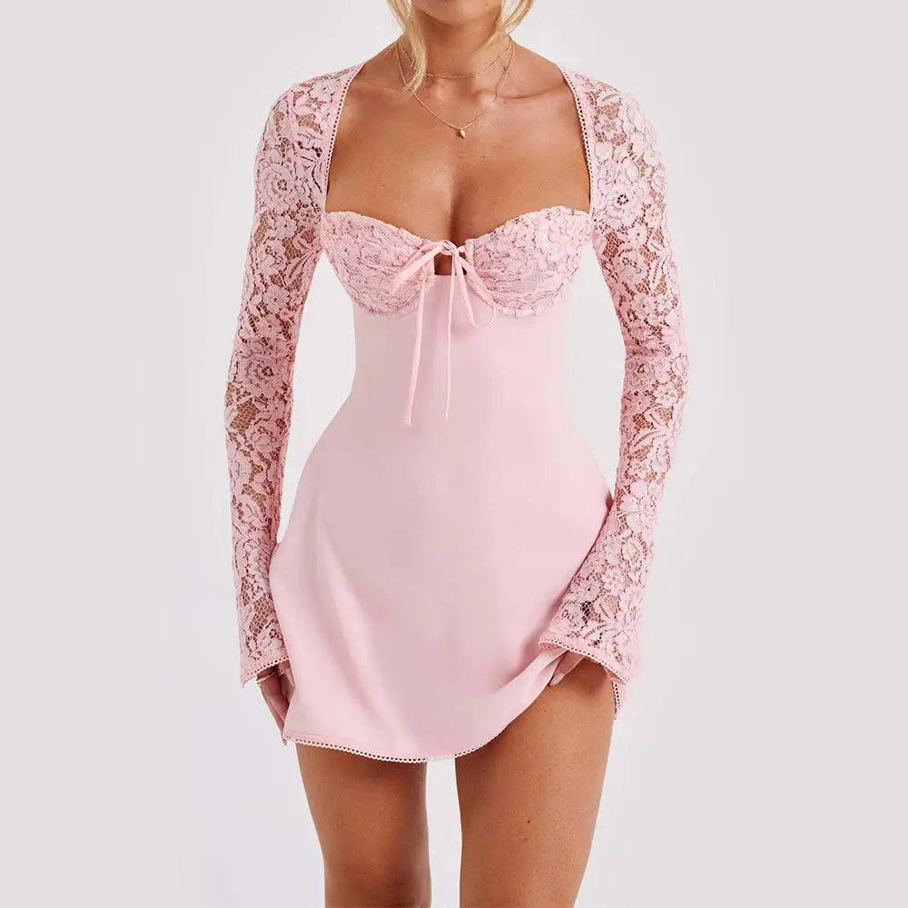 A soft pink lace-trimmed y2k lace backless long sleeve corset mini dress with sweetheart neckline and long sleeves