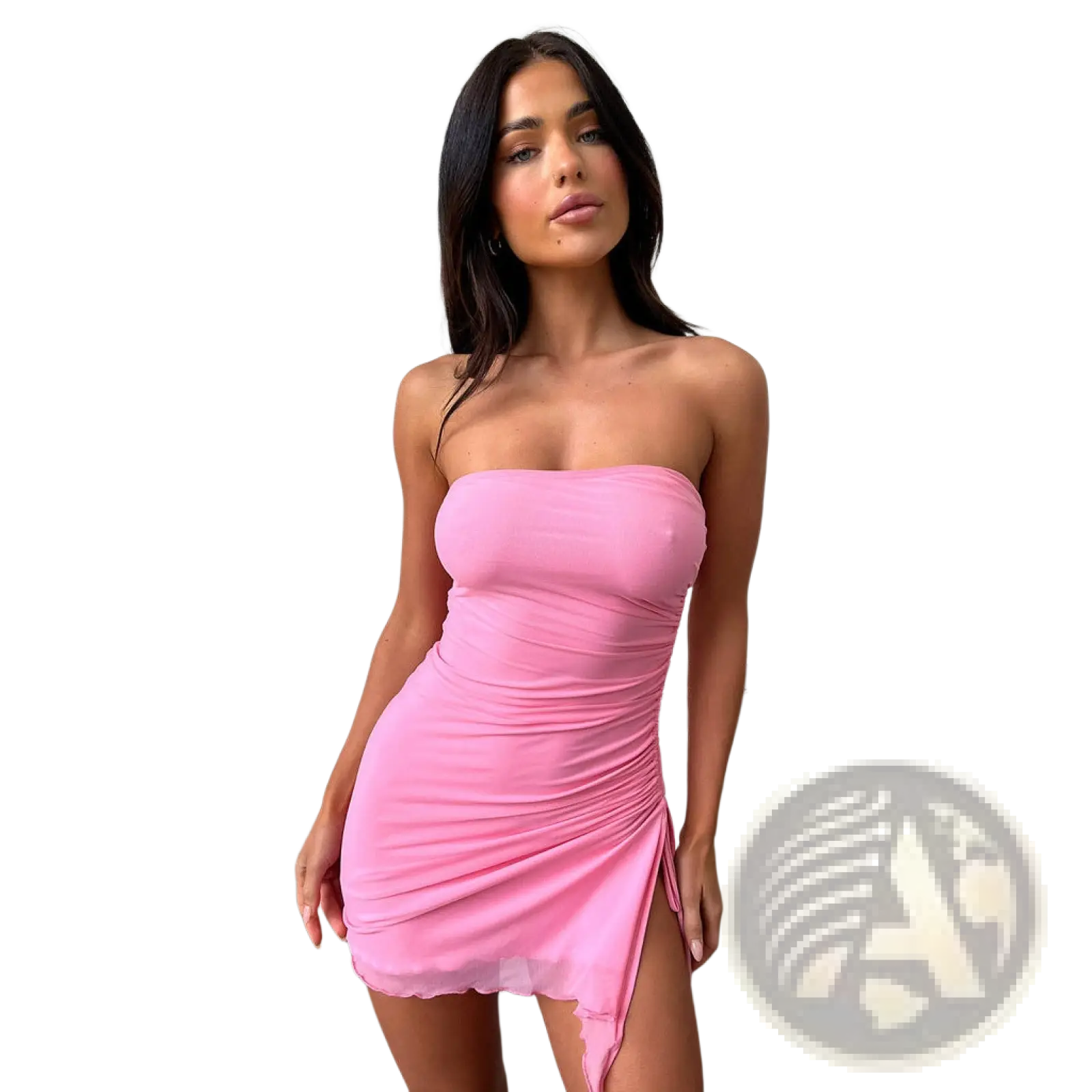 A strapless pink mini dress with ruched detailing and a high side slit in a y2k style